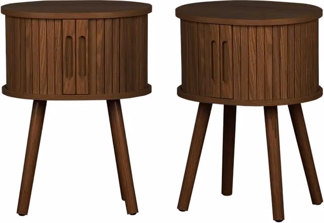 Set di 2 comodini scandinavi Sweeek in legno con ante scorrevoli, colore noce matt