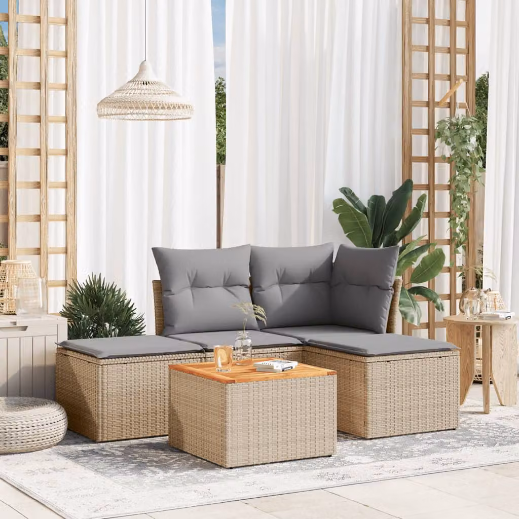 vidaXL Set Divano da Giardino 5 pz in Polyrattan con Cuscini Beige e Tavolino da Esterno – 1