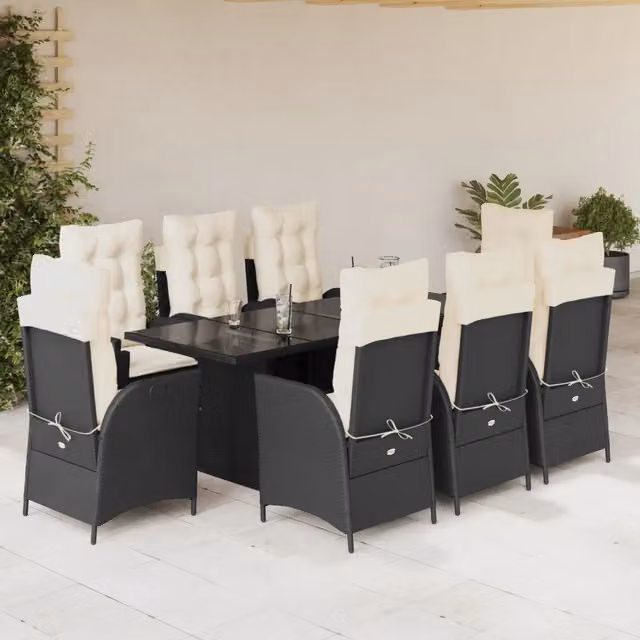 Set da pranzo da giardino moderno vidaXL in polyrattan nero con piano in vetro e 9 pezzi