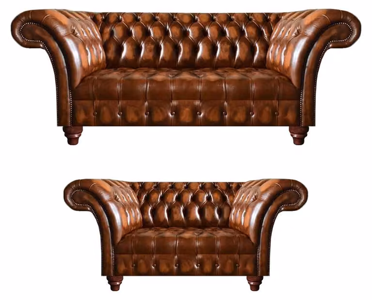 Edle Hellbraune Chesterfield Garnitur Wohnzimmer Zweisitzer 3-Sitzer