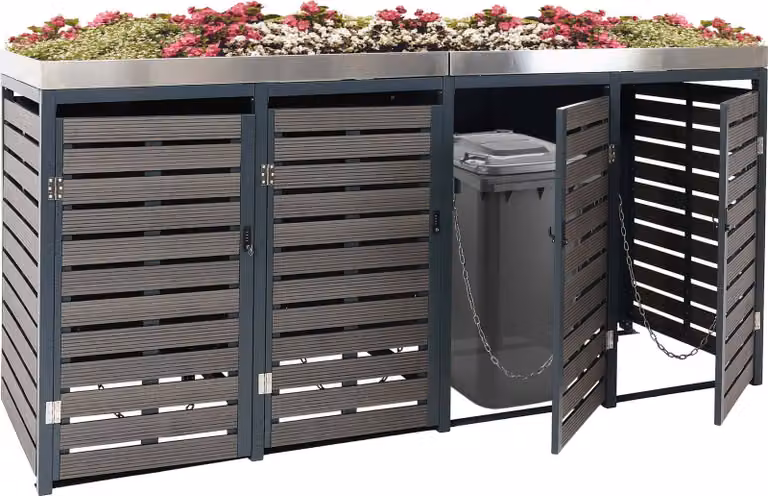 4 contenitori per rifiuti HWC-K14, contenitore per rifiuti con fioriera, 124x265x84cm WPC acciaio inox 132kg ~ antracite