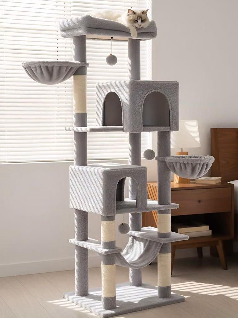 Albero per gatti grande, modello XXL, alto 180 cm, con 5 pali per graffiare, 2 tane, 2 ceste, adatto per gatti