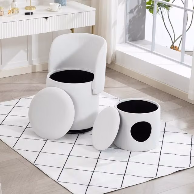 Sgabello girevole OKWISH in velluto bianco con seduta morbida e contenitore integrato per camera da letto, soggiorno o sala da pranzo – 1