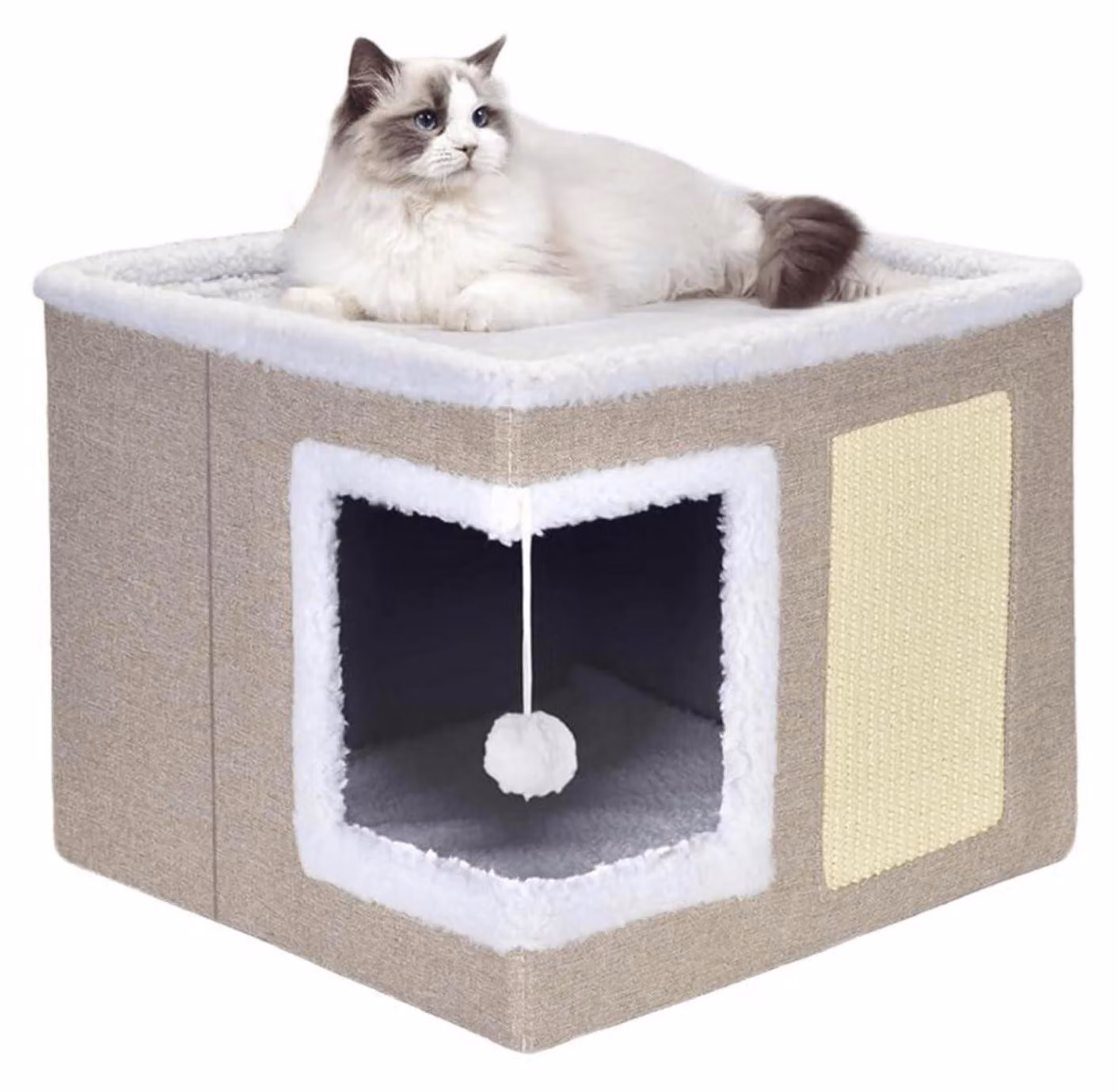 Tana pieghevole per gatti con tiragraffi e pallina giocattolo, color beige