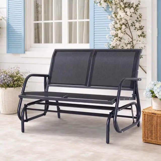 Panchina da Giardino Dondolo 2 Posti in Metallo Nero 120x70x85 cm con Seduta in Tessuto Traspirante