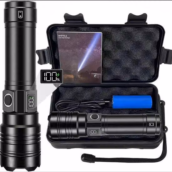 Torcia ricaricabile da 50.000 lumen, con ampio raggio, super luminosa, con porta USB-C, lunga durata, 5 modalità, potente torcia zoomabile, ideale per emergenze, escursioni e campeggio