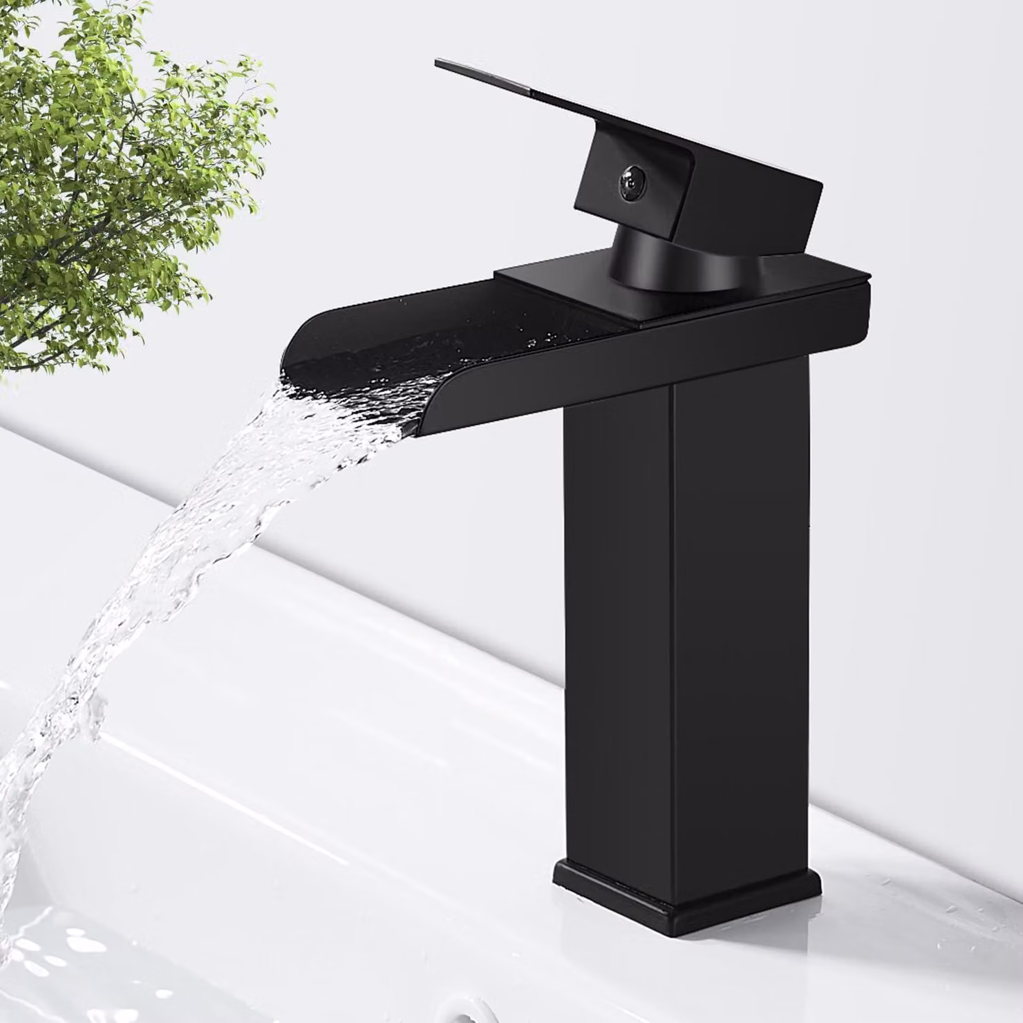 Miscelatore per lavabo a cascata, nero, in ottone, 150 mm, attacco G3/8