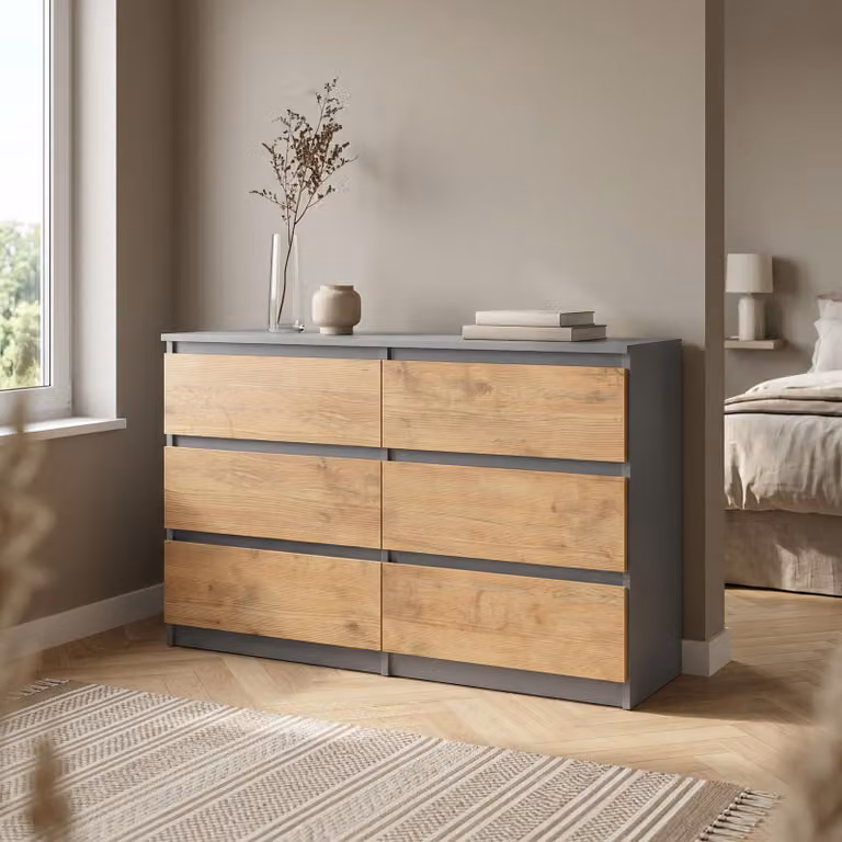 Comò Masseno NUDO da 138,5 cm con 6 cassetti e ante, per soggiorno e camera da letto, stile moderno, 138,5 x 39 x 78,5 cm, antracite / rovere