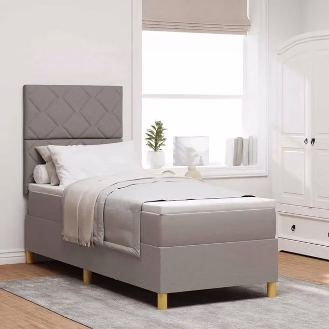 Letto a molle insacchettate con illuminazione LED sottostante e testiera geometrica vidaXL, L/P: 80 x 200 cm, Beige/Grigio – 1