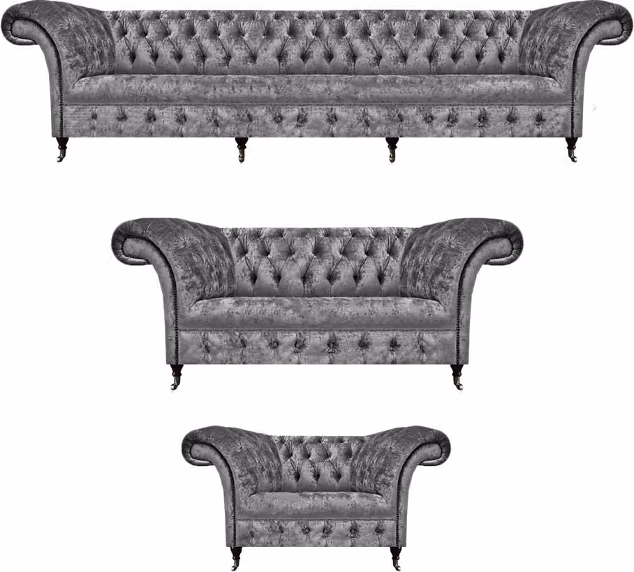 Design Polstermöbel Grau Sofagarnitur Chesterfield Sofas Set Wohnzimmer