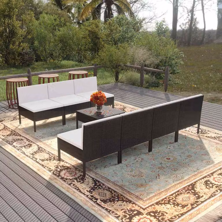 Set da giardino vidaXL 8 pezzi con divano a 3 posti, tavolino da caffè e cuscini bianchi in rattan e metallo nero
