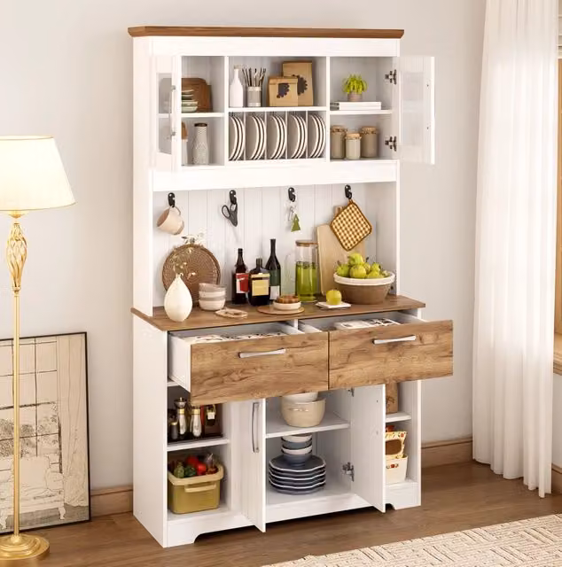 Credenza buffet da cucina con vetrina; 2 cassetti e ganci; 106 x 39 x 176;5 cm; bianco e naturale