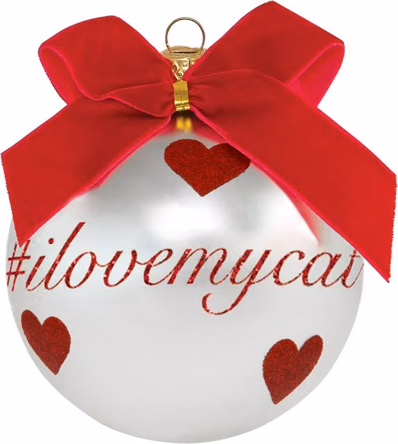 Pallina di Natale Kasanova con scritta ilovemycat in vetro, colori rosso, argento e bianco, diametro: 10 cm