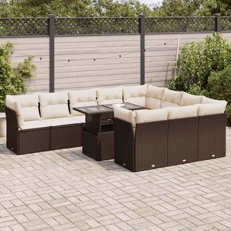 Set Divani da Giardino vidaXL 11 pz a Forma a U con Cuscini e Tavolino, Marrone e Bianco