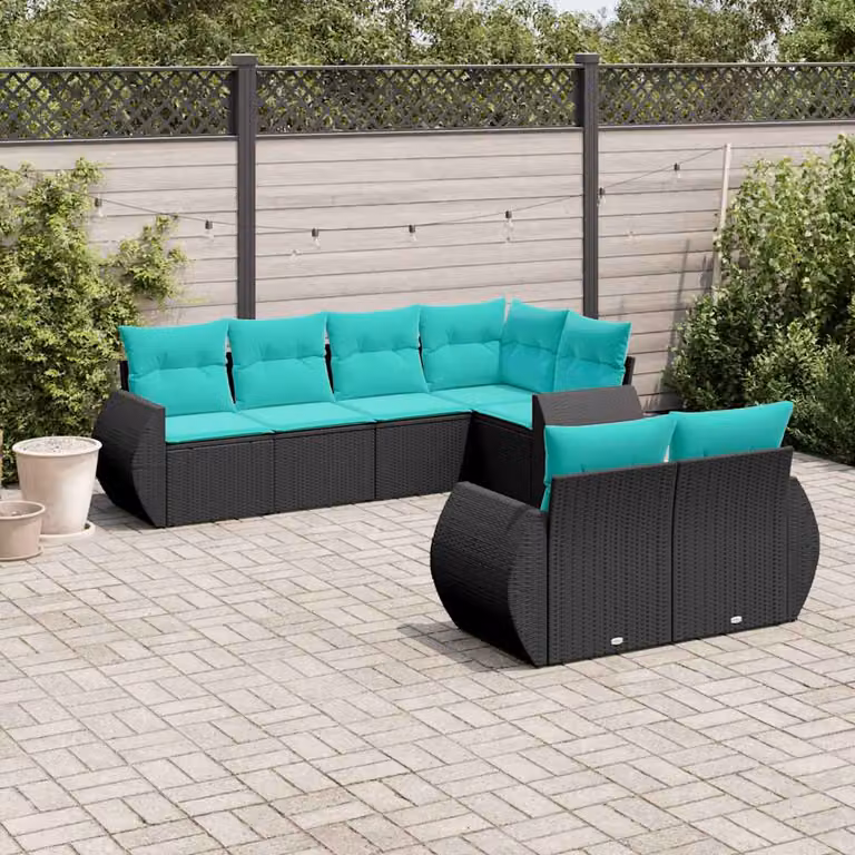 Set di divani da giardino vidaXL a forma di U composto da 7 pezzi in polyrattan nero con cuscini inclusi