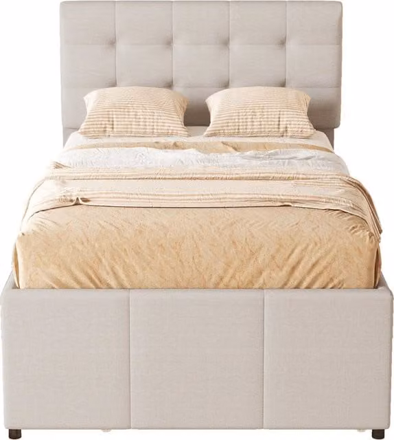Letto singolo 90 × 200 cm con letto estraibile 90 × 190 cm; 3 cassetti e testiera regolabile; senza materasso; beige