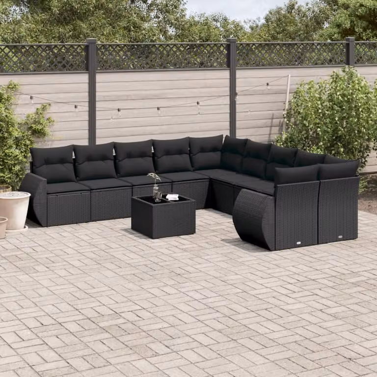 vidaXL Set Divani da Giardino 11 pz in Polyrattan Nero con Cuscini e Tavolino da Esterno