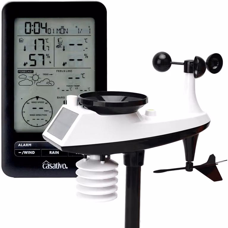 Stazione meteorologica professionale senza fili con sensore esterno a energia solare – pluviometro, anemometro, barometro e igrometro – portata di 100 m, previsioni del tempo e sveglia radio