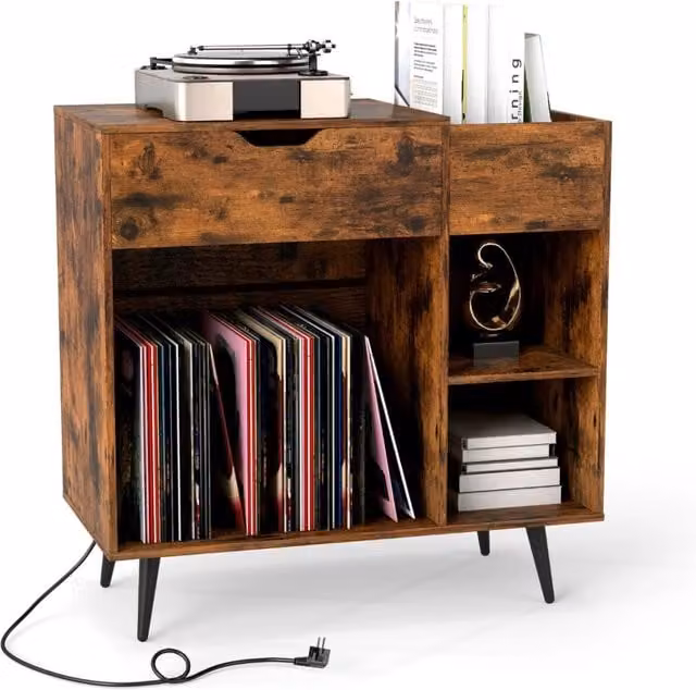 Supporto per giradischi Design Mania in stile rustico marrone con cassetto estraibile e compartimenti multimediali, L: 79,5 cm, P: 40,0 cm, H: 79,0 cm