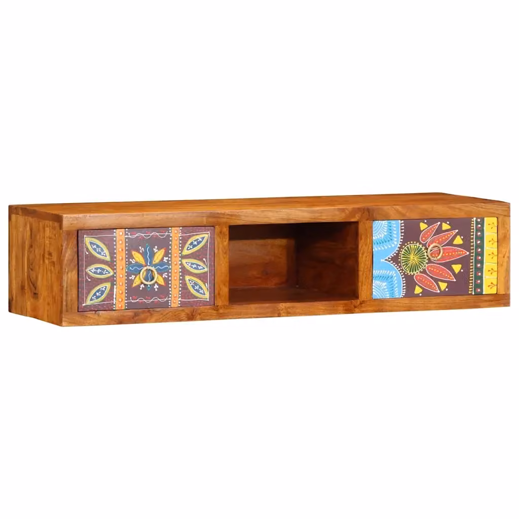 Mobile TV a parete in legno massello di acacia multicolore L: 100 cm, P: 30 cm, H: 22 cm – 2