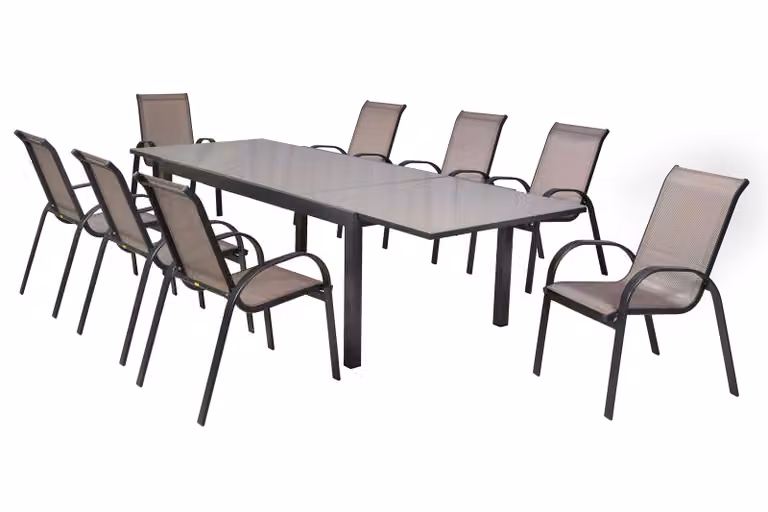 Set di mobili da giardino Merxx Amalfi marrone diamante 9 pezzi, 8 sedie impilabili, 1 tavolo allungabile 200 (300) x 110 cm - alluminio/tessuto