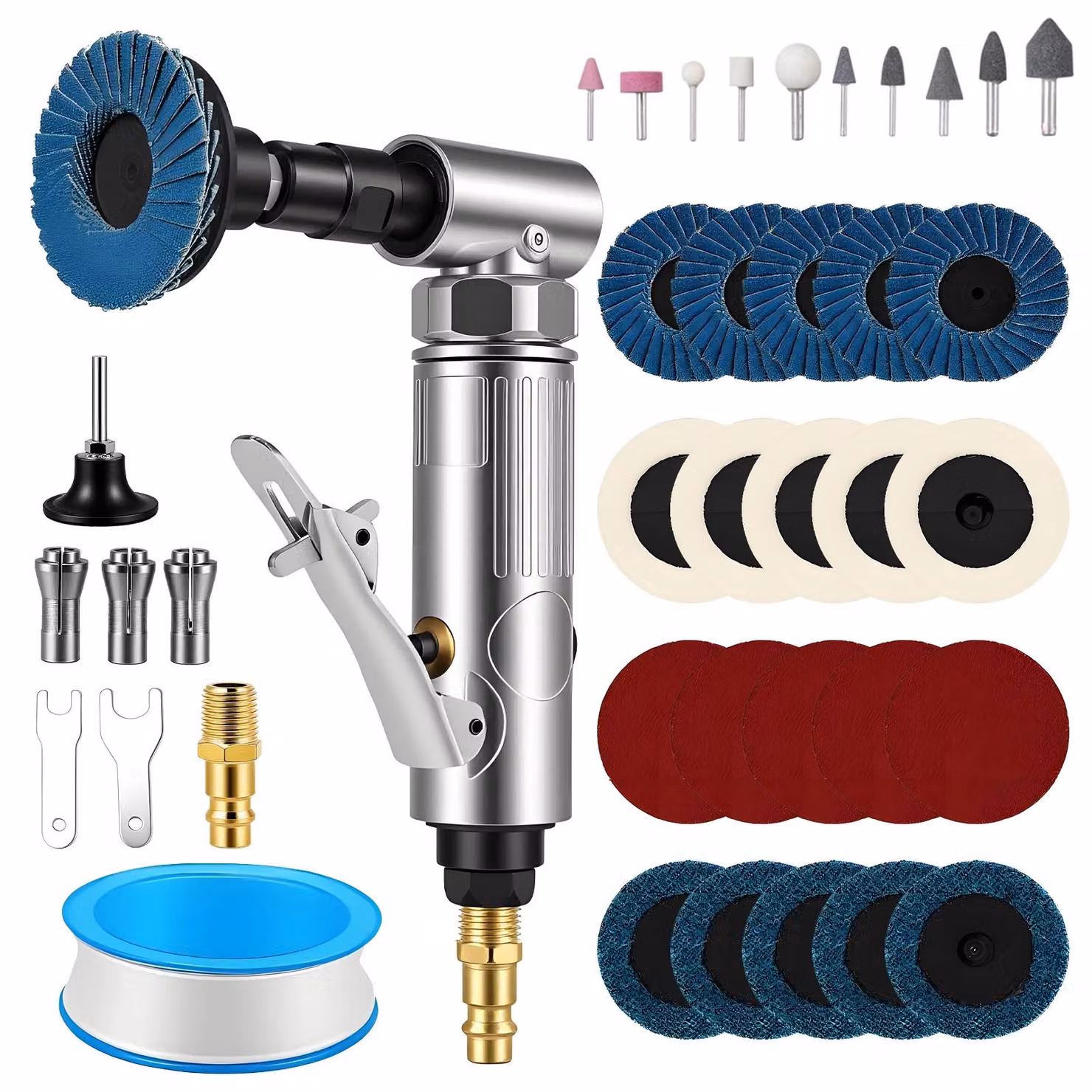 Smerigliatrice angolare pneumatica mini - Dispositivo pneumatico per smerigliatura, lucidatura e incisione - Angolo di 90° - Strumento portatile - Set da 40 pezzi
