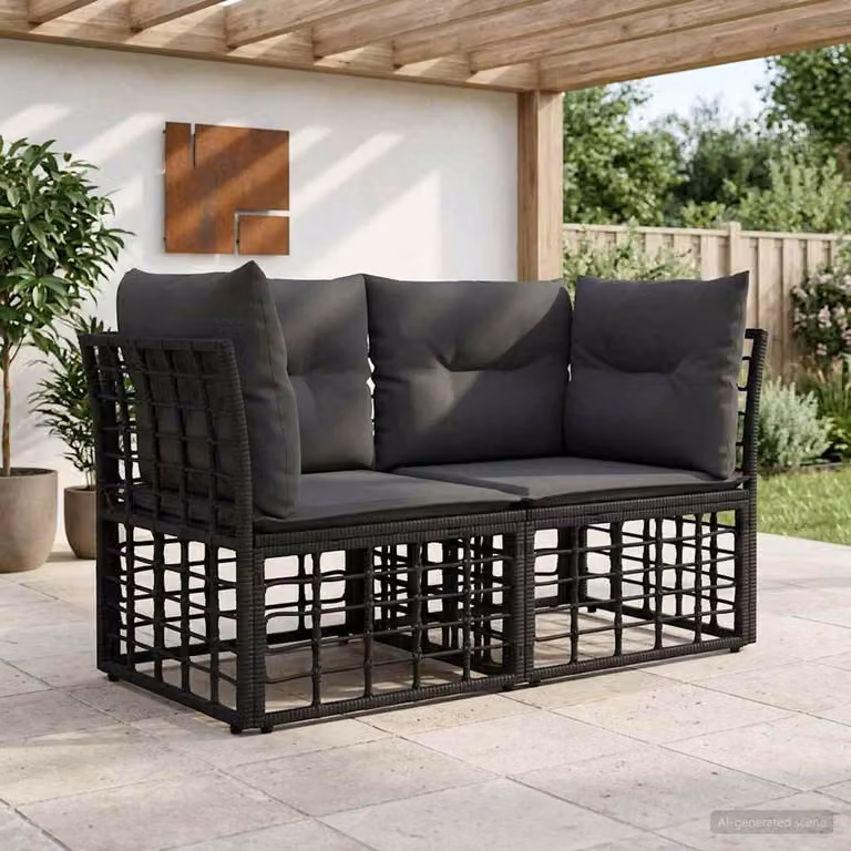 Set di divani da esterno vidaXL in polyrattan con cuscini, 2 posti, Nero e Grigio scuro