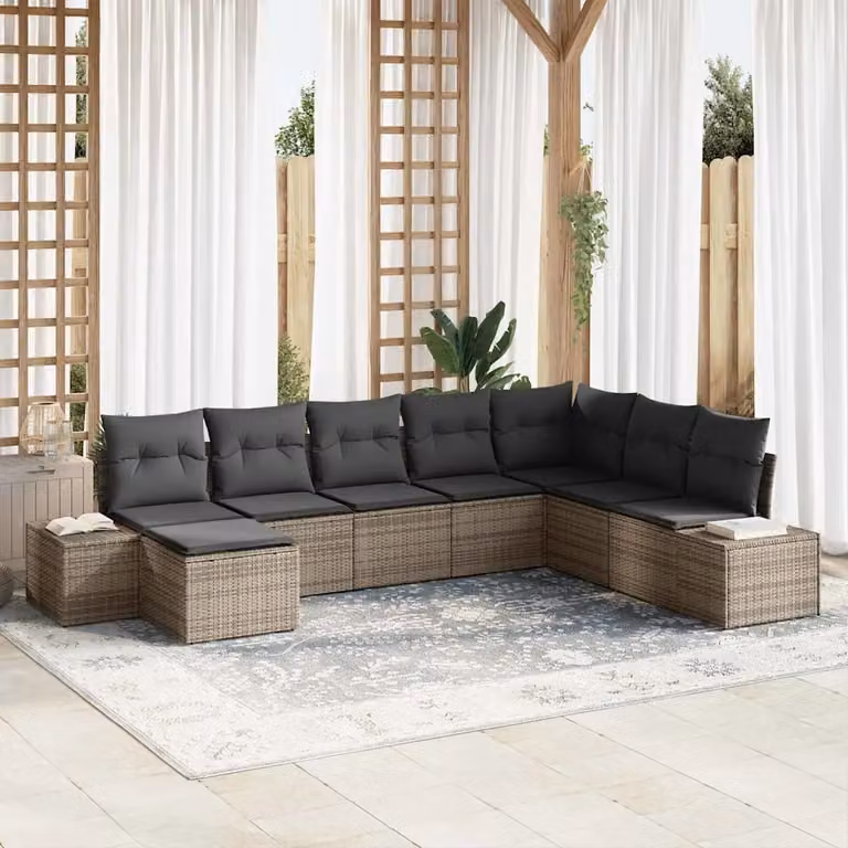 Set Divano da Giardino vidaXL 8 Pezzi in Polyrattan Grigio con Cuscini e Tavolino