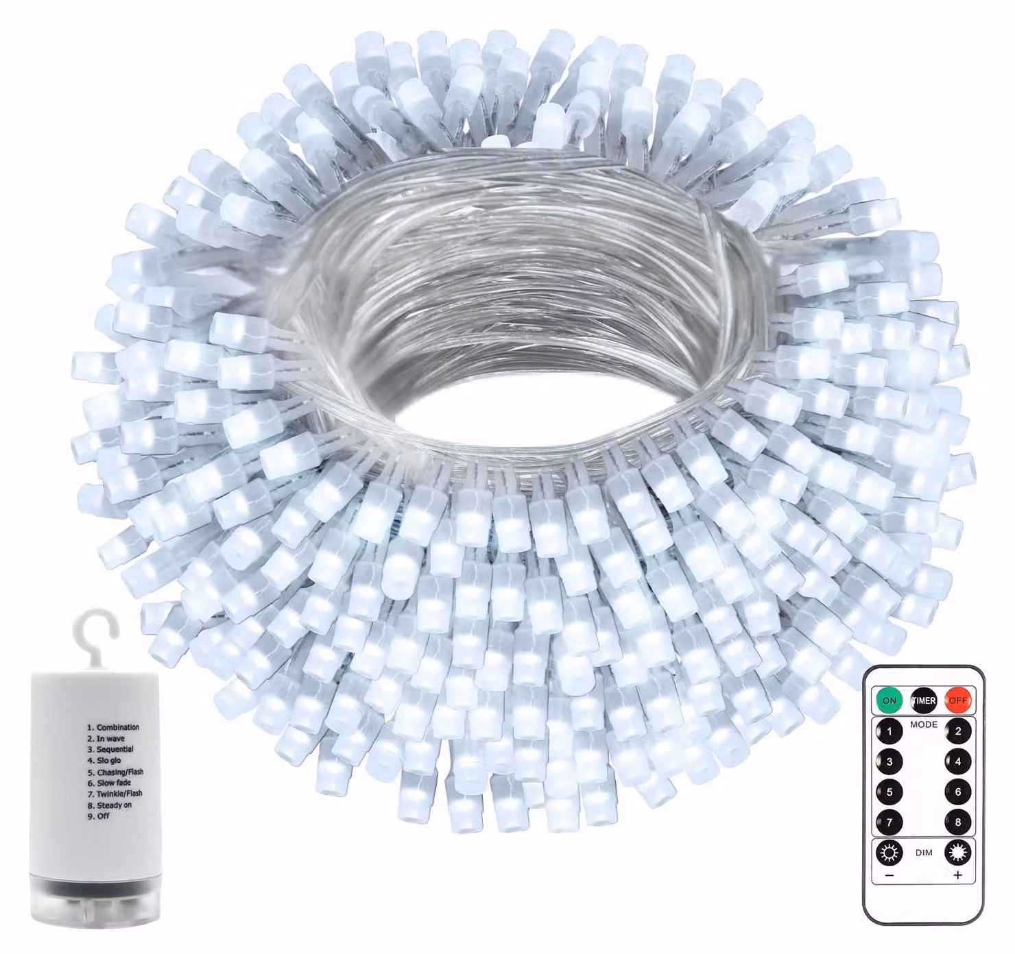 Catena luminosa da 20 metri, con 200 LED, alimentata a batteria, luce bianca fredda, con telecomando