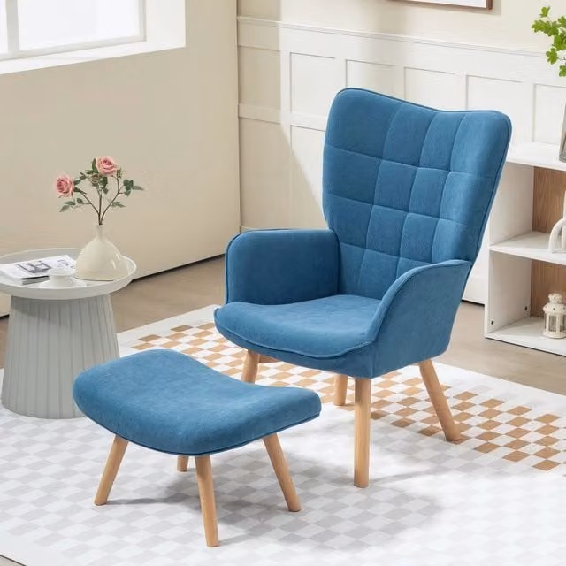 Poltrona con pouf REDOM in tessuto blu con struttura in metallo e legno di faggio L/P/H: 72 x 80 x 101 cm
