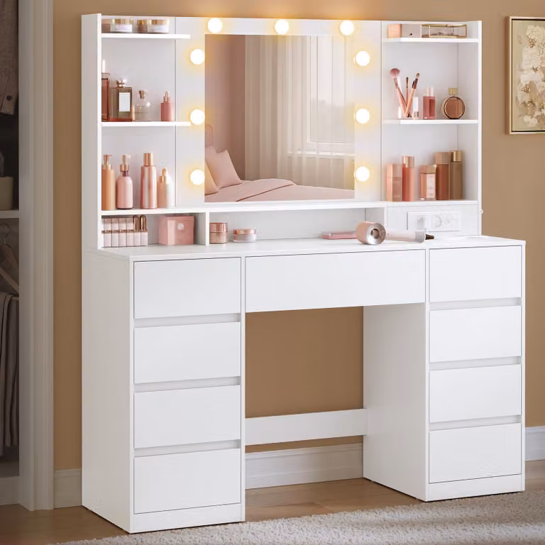 Tavolino da trucco VASAGLE con illuminazione, dotato di specchio a LED e 9 cassetti