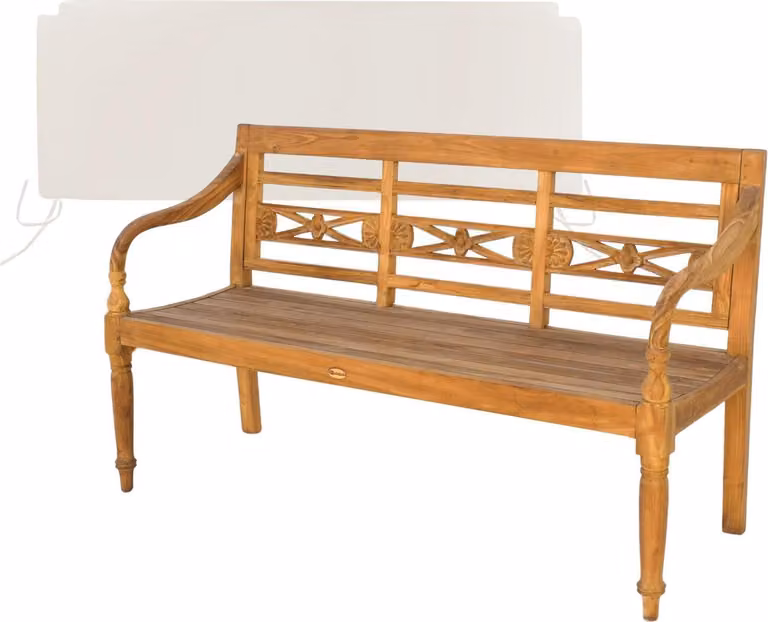 Panca in legno di teak, modello Aosta, 150 cm, realizzata in legno massello, resistente agli agenti atmosferici, con cuscino seduta color crema