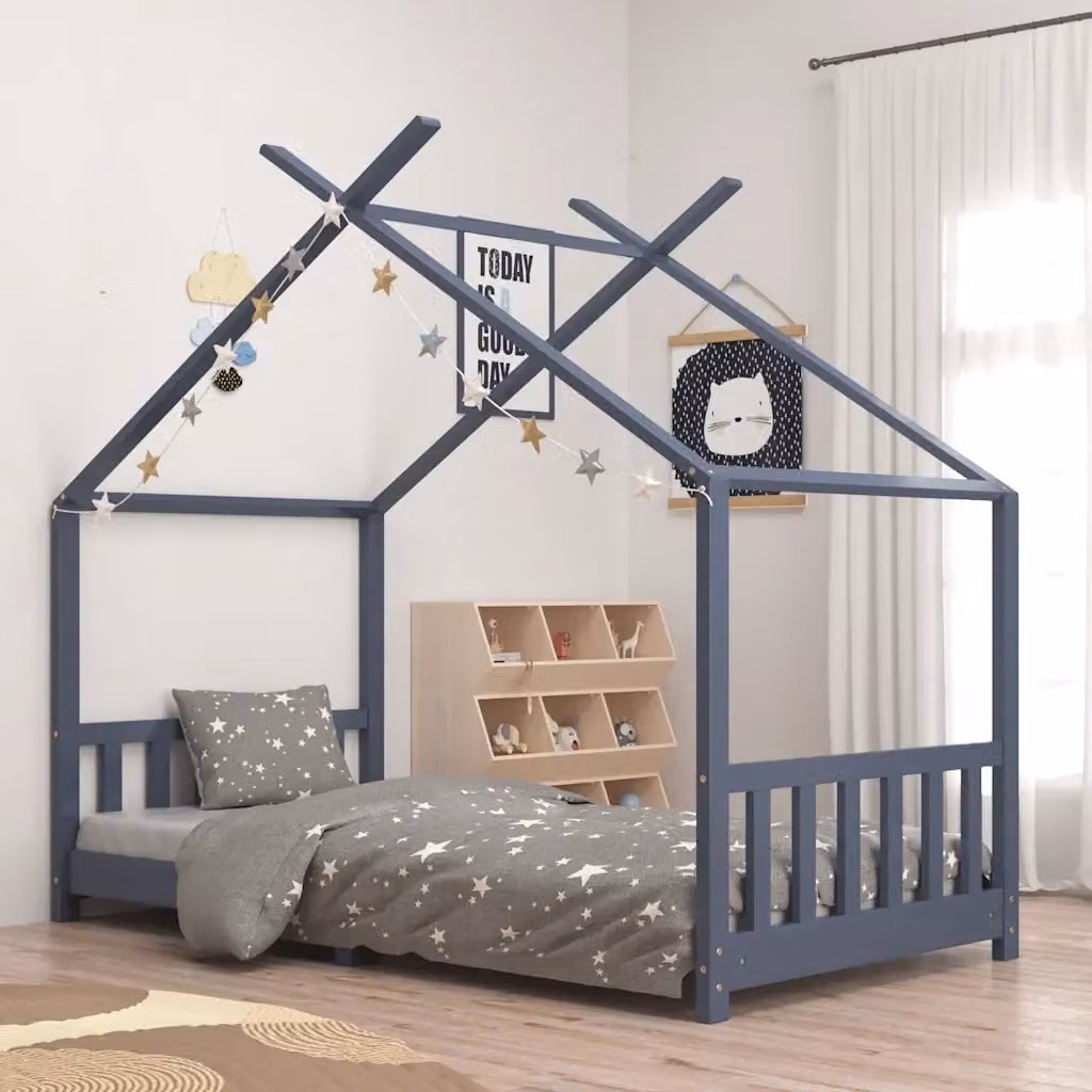 Letto a casetta per bambini in legno massello di pino grigio L 200 x P 90 x H 155 cm – 2