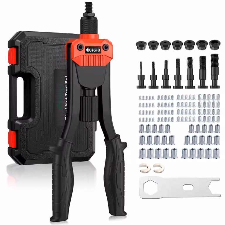 Kit di strumenti per ribadatura con 7 mandrini metrici e 110 elementi di fissaggio a rivetto