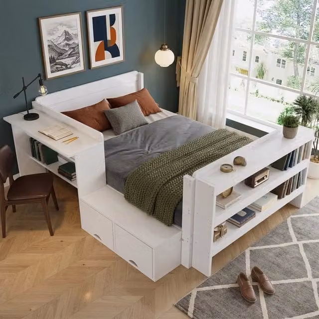Letto singolo 120 × 200 cm con scrivania, vano a ribalta e mensola aperta, senza materasso, bianco