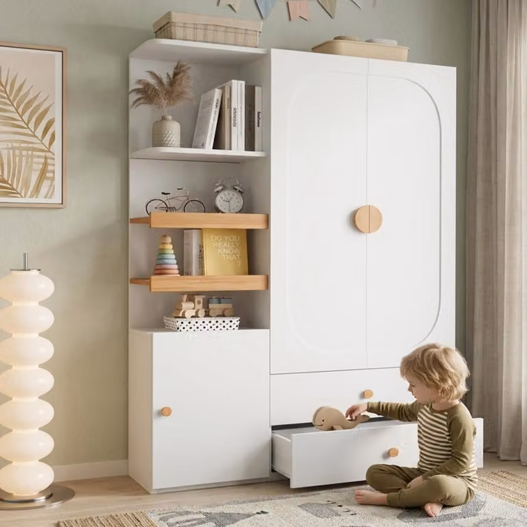 Armadio STILVORA con asta appendiabiti e cassetti, mobile multifunzionale con ripiani aperti, armadio guardaroba con spazio contenitivo, bianco/naturale