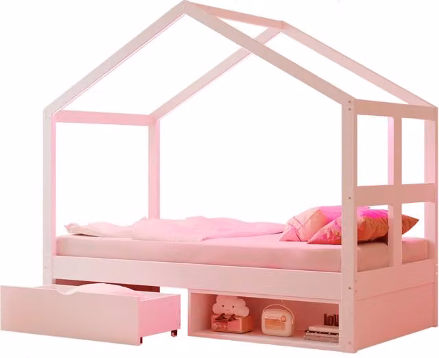 Letto a casetta per bambini 90x200 cm bianco/naturale con contenitore e mensole， senza materasso