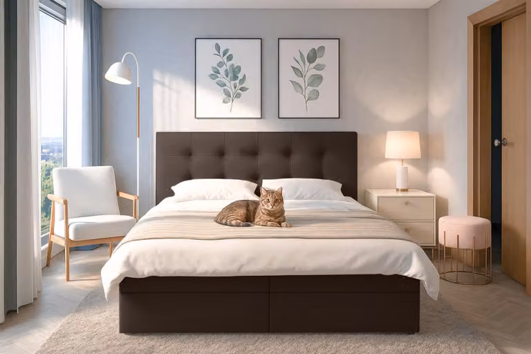 Letto boxspring AX LIVING marrone con contenitore, modello Belinai, 180x200 cm