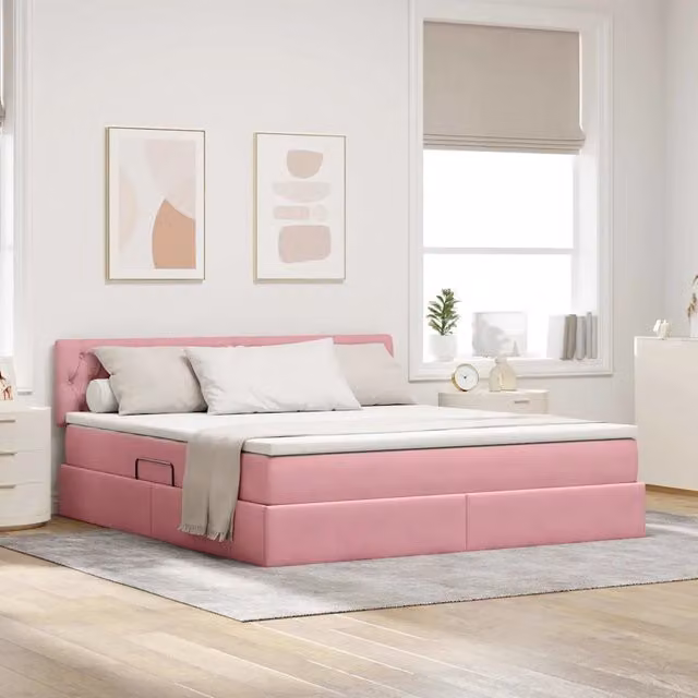 Letto con contenitore e illuminazione LED vidaXL in velluto rosa con materasso, L/P/H: 160 x 200 x 204 cm – 1