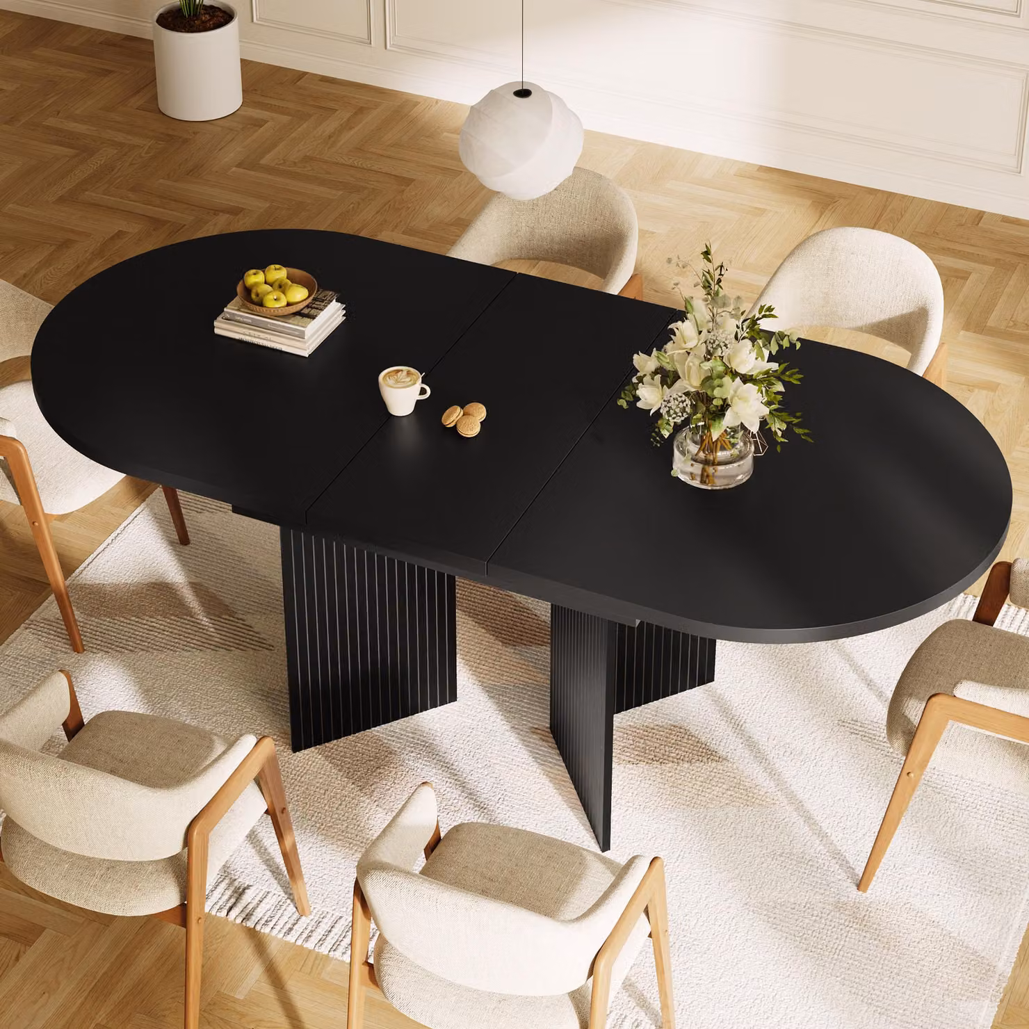 MODFU Tavolo da pranzo telescopico, tavolo da cucina con spazio di archiviazione, scheda di espansione integrata, adatto per la cucina, nero