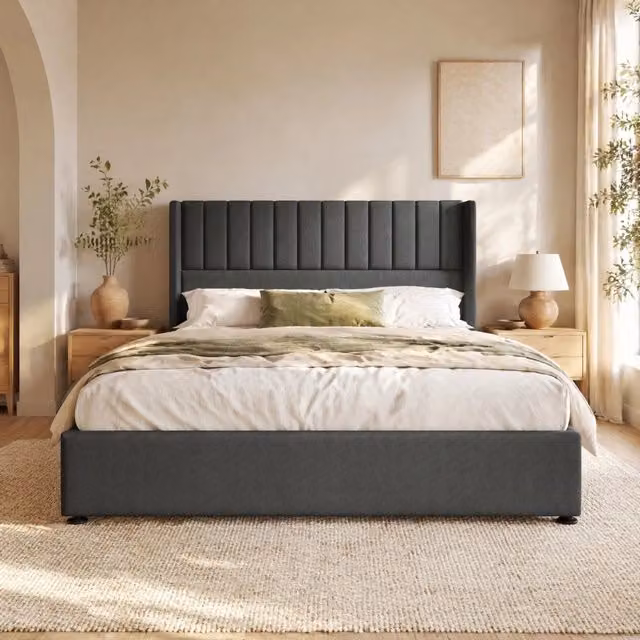 Letto matrimoniale imbottito MODFU con contenitore e rete sollevabile in lino grigio L/P: 140 x 200 cm
