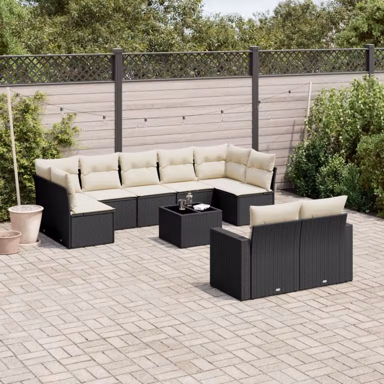 Set di divani da giardino vidaXL in polyrattan nero con cuscini e tavolino da esterno