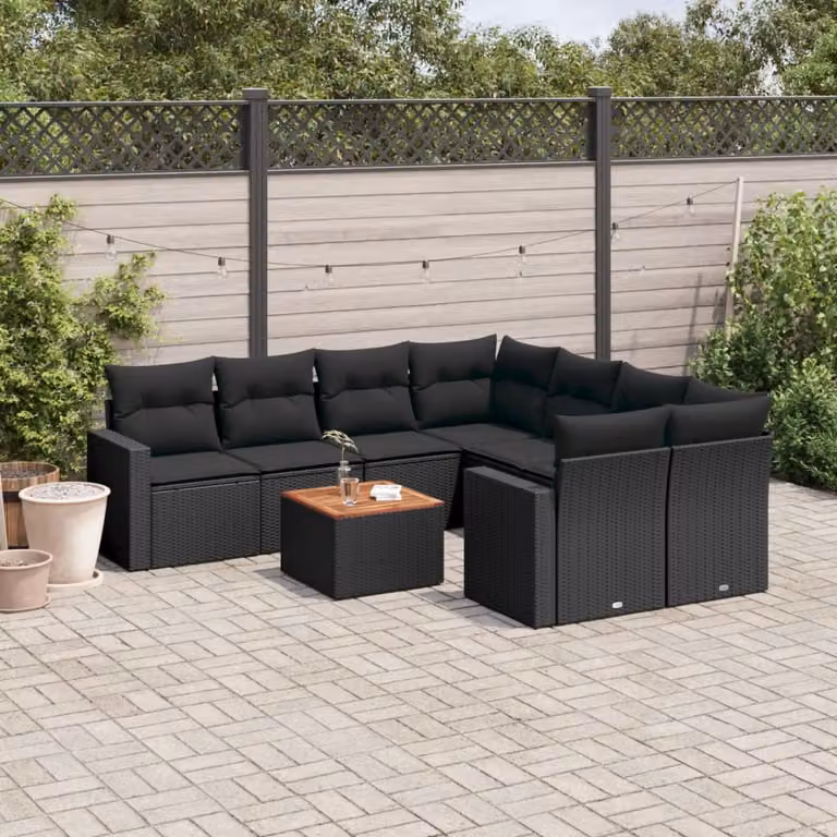 Set di divani da giardino vidaXL in polyrattan nero con cuscini, tavolino e poltrone per esterno