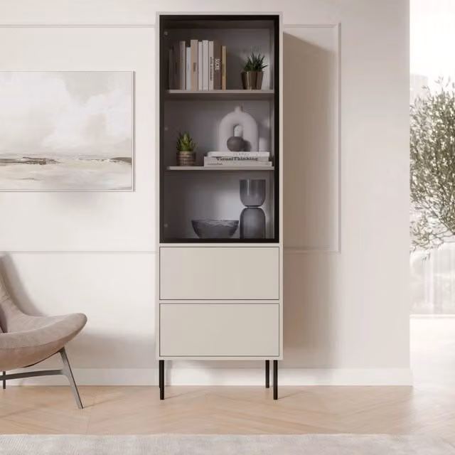 Vetrina Espositore DMORA con Ante in Vetro e Ripiani Interni, Beige e Nero, L 60 cm x P 40 cm x H 185 cm