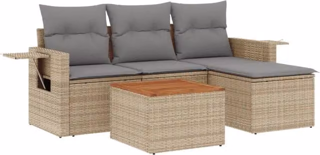 Set Divano da Giardino 5 pz | Set Salotto da Giardino con Cuscini Beige in Polyrattan