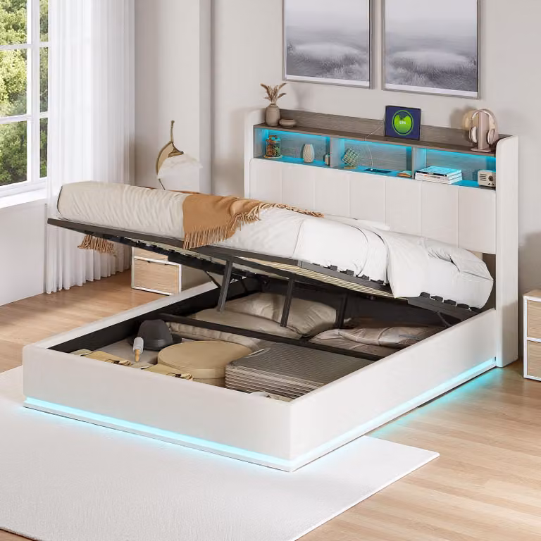 Letto imbottito INONEFT, 140x200 cm, con struttura a molle e spazio contenitore ad apertura idraulica, letto per ragazzi con illuminazione a LED e prese USB, rivestito in velluto, colore beige