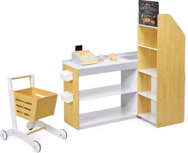 Cassa di supermercato giocattolo in legno multicolore HELLOSHOP26 per gioco di ruolo educativo, L: 90 cm, P: 62 cm, H: 111 cm