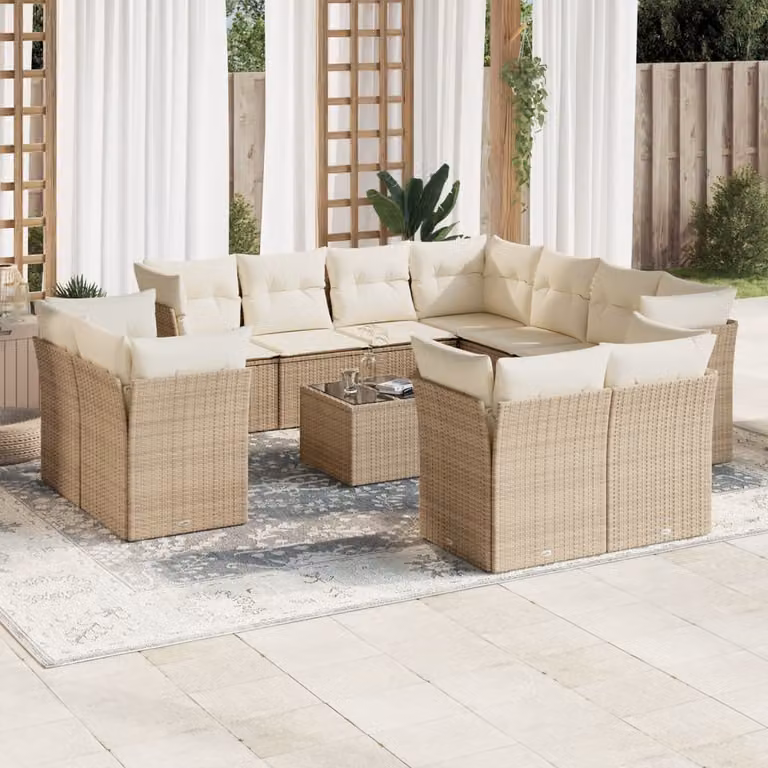 Set di Divani da Giardino vidaXL a Forma di U con Cuscini Beige e Tavolino da Esterno in Polyrattan e Acciaio