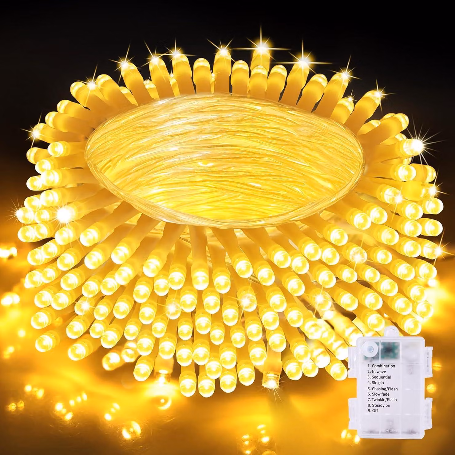 Catena luminosa, 200 LED, 20 metri, luce bianco caldo, grado di protezione IP44, 8 modalità, alimentazione a batteria