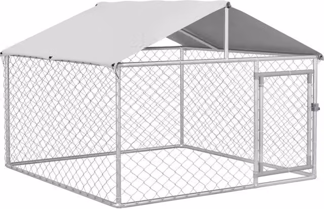 Recinto per Cani da Esterno Kennel Box in Rete Zincata con Copertura Impermeabile e Tetto Anti-UV per Giardino 200x200x150cm Argento e Grigio